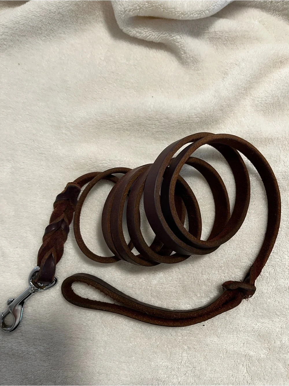Genuine Leather Dog Leash Brown Braided Handle 72” Long Handmade Style